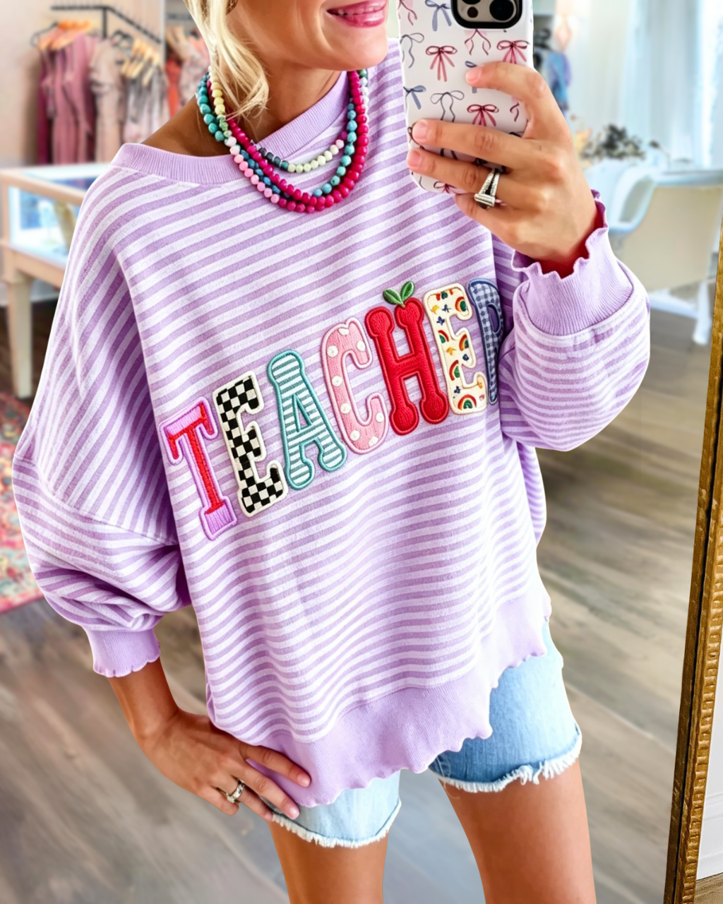 TEACHER Embroidered Striped Sweatshirt