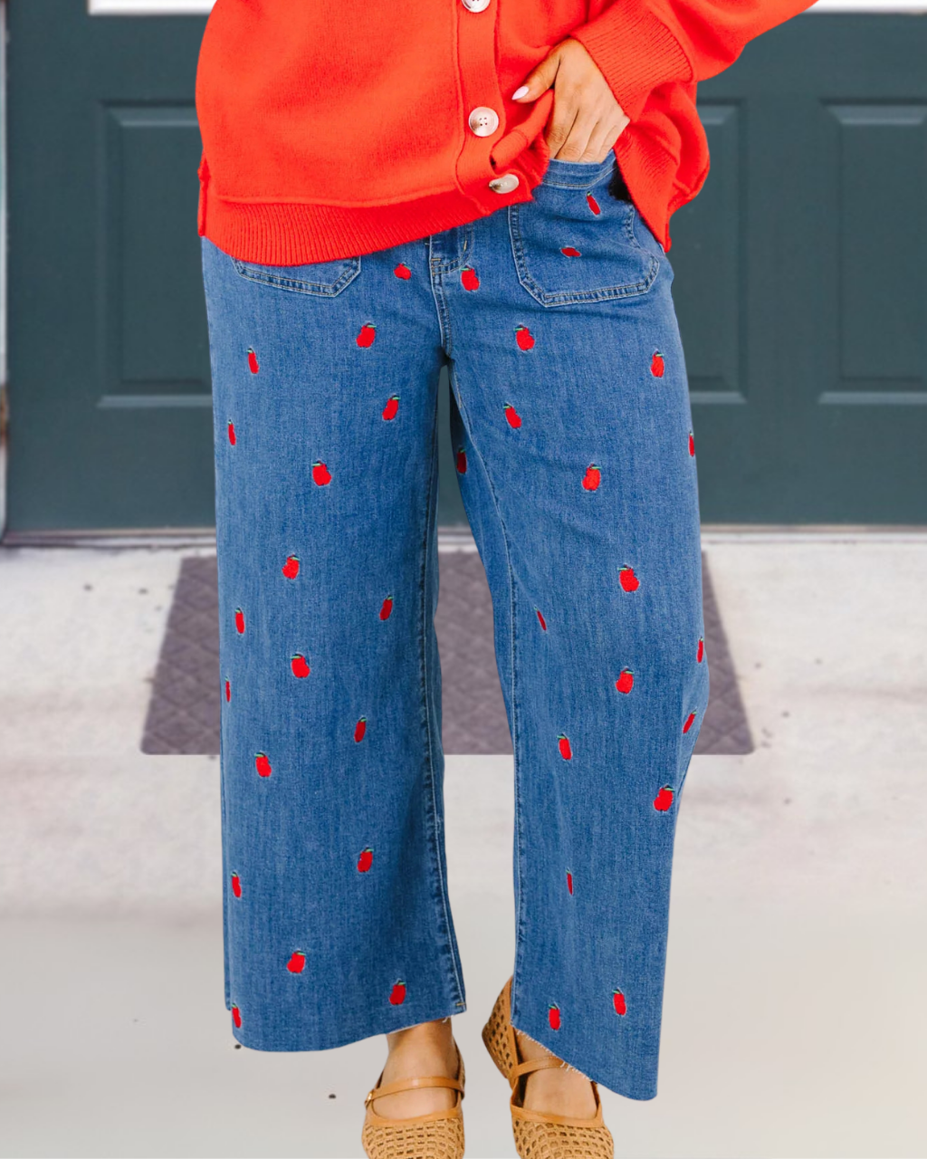 Apple-embroidered Wide-leg Denim Pants