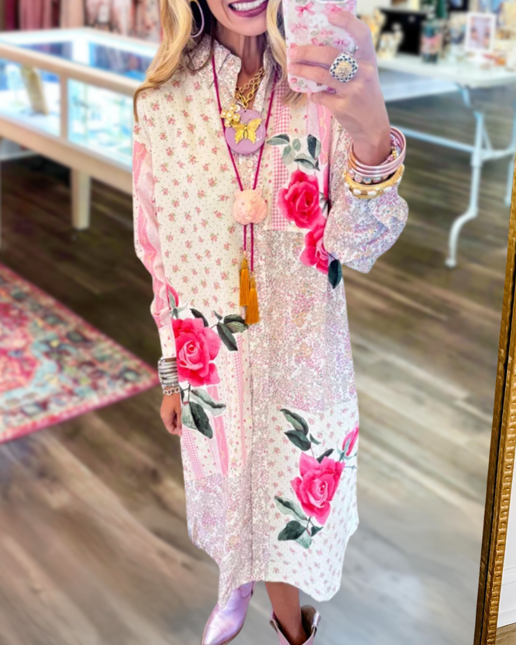 Charming Rose Print Shirt Dress