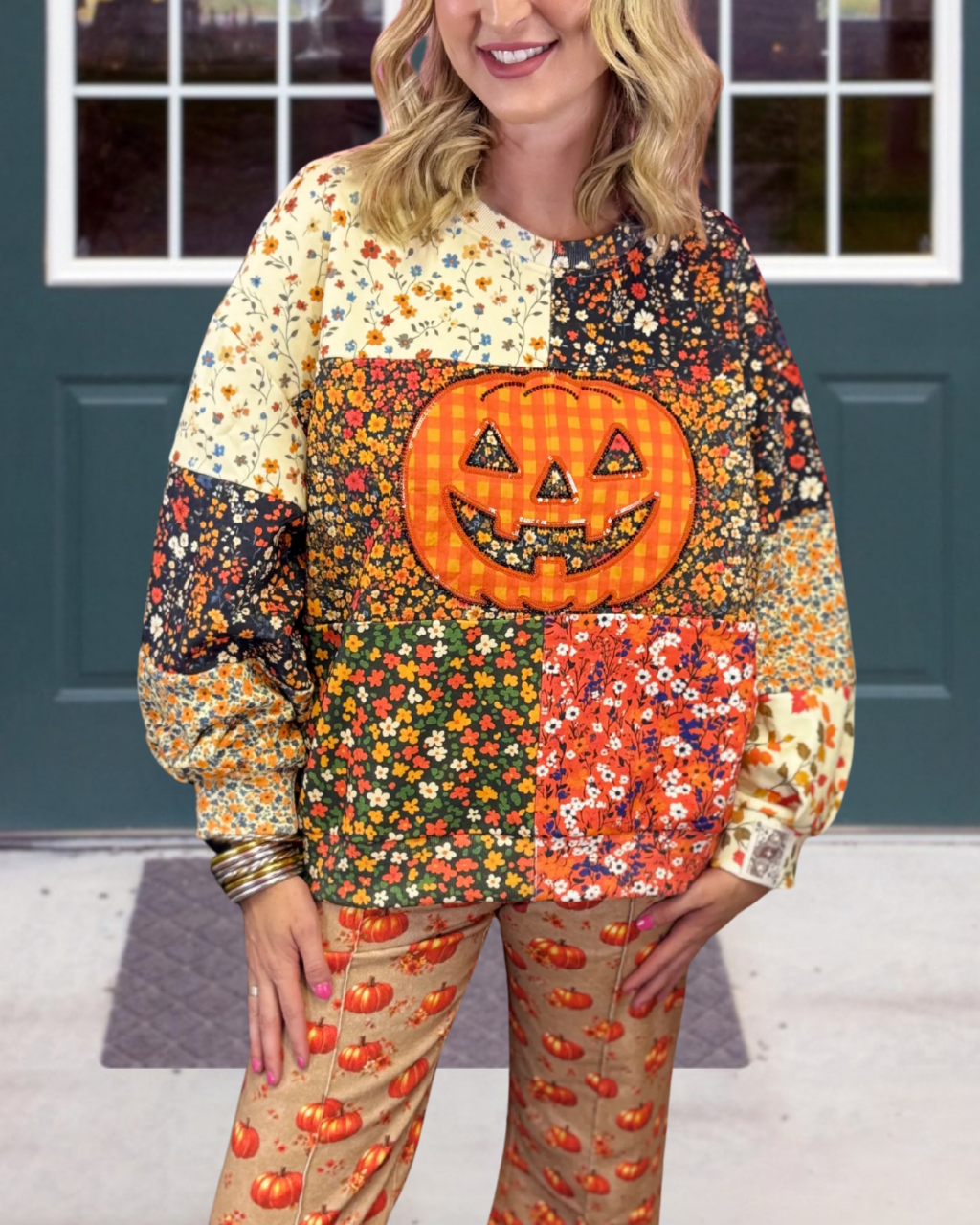 Colorful Patchwork Floral Pumpkin Pullover