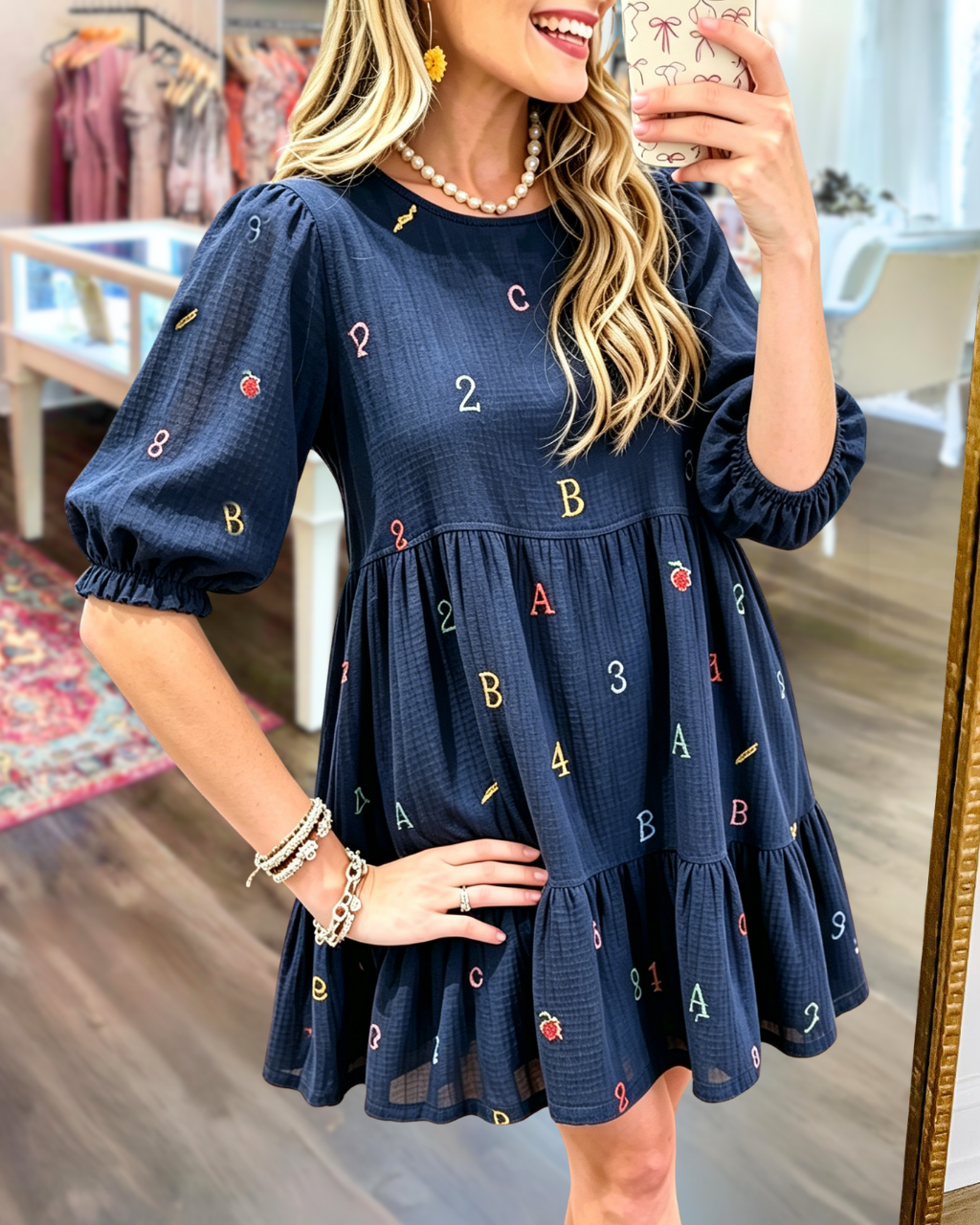Alphanumeric Embroidered Fully Lined Dress