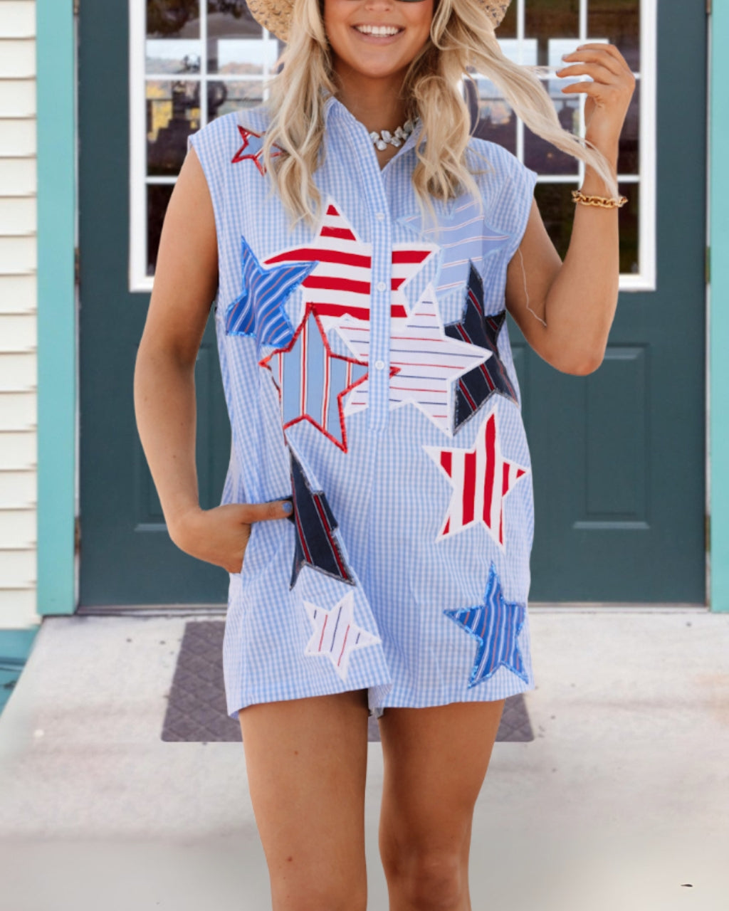Star Sequined Embroidered Plaid Jumpsuit