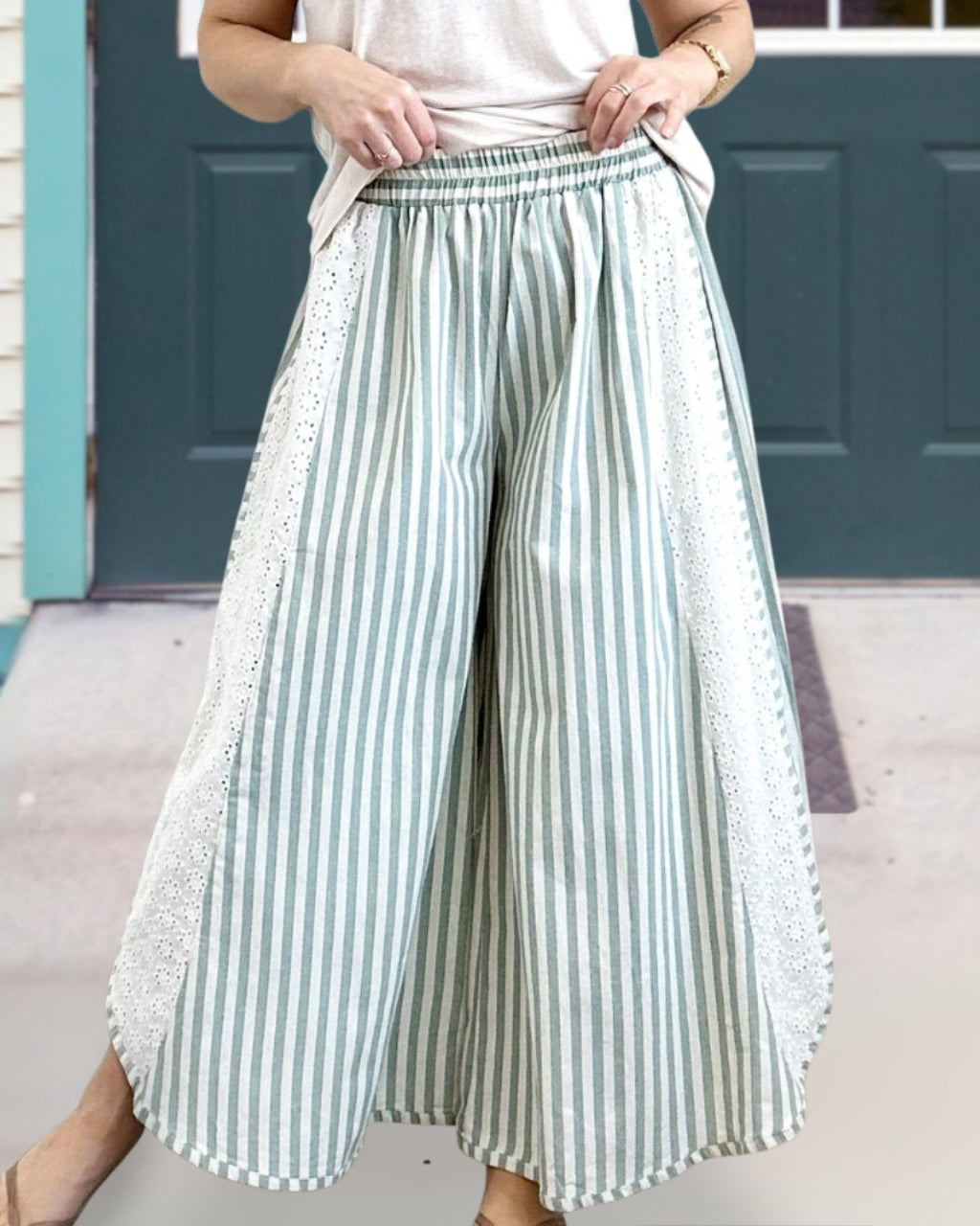 All Day Lace Trim Stripe Pants