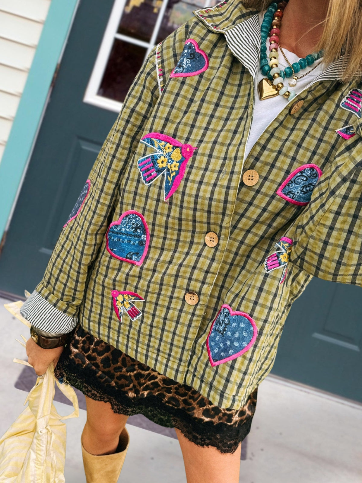 Sparrow-Embroidered Plaid Jacket