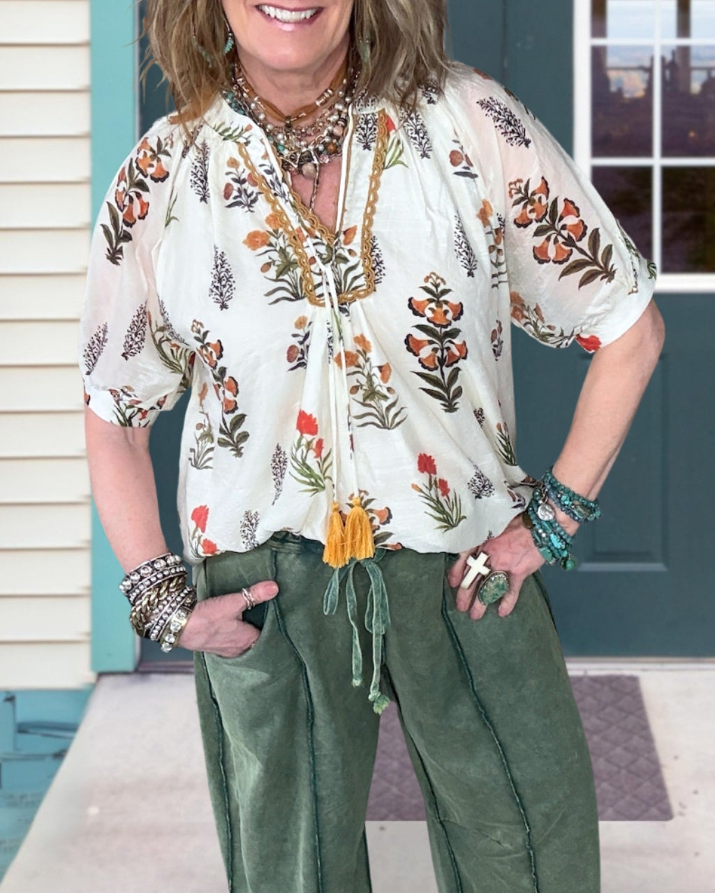 Embroidered V-neck Drawstring Top