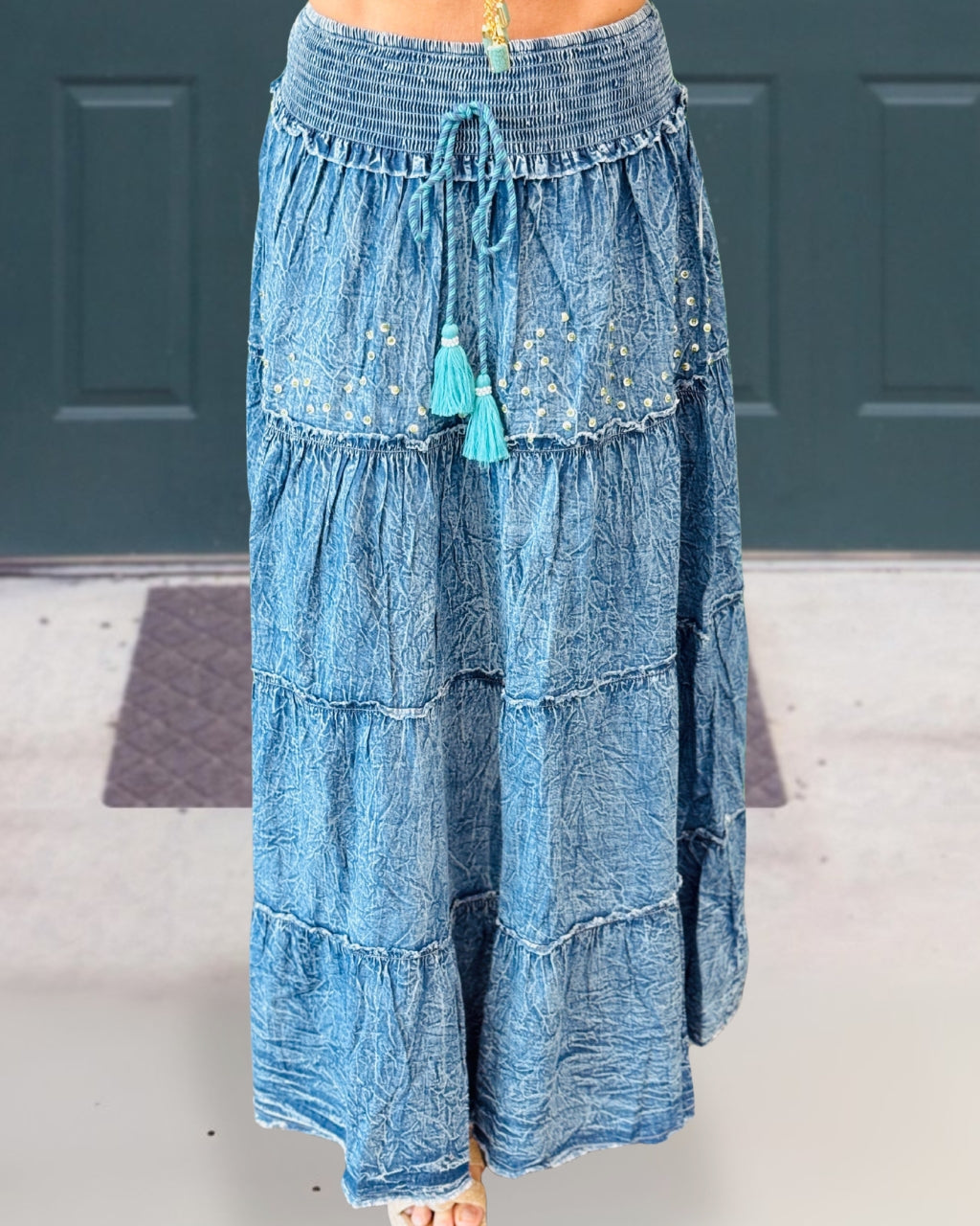 Rhinestone Washed Distressed Denim Skirt