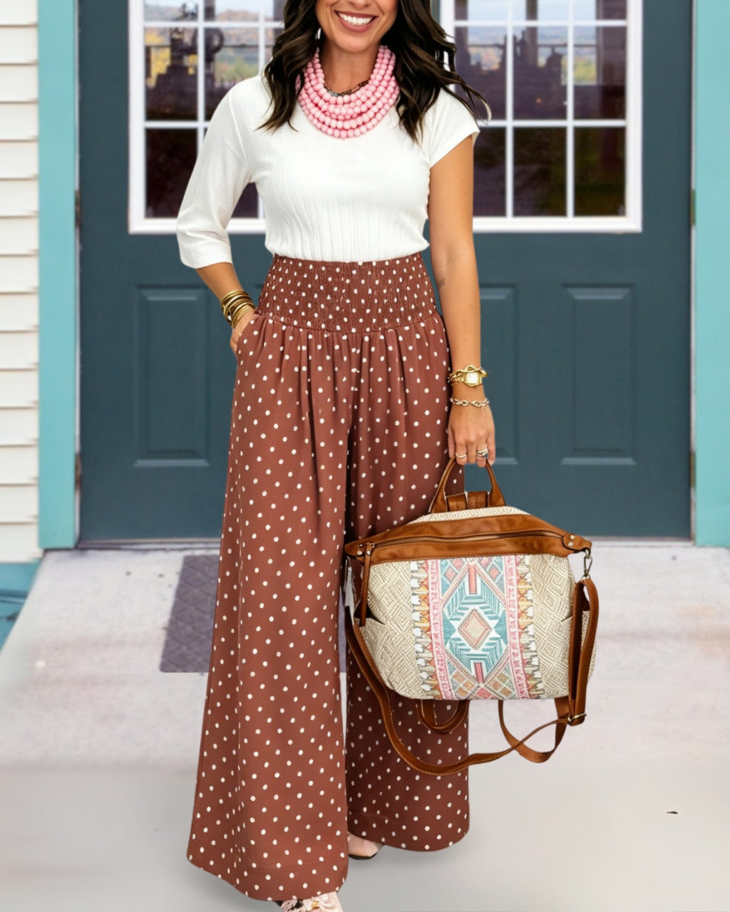 Smocked-waist Polka-dot Wide-leg Pants