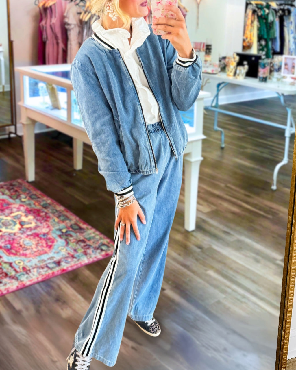 Chic Wide Leg Denim Side Stripe Pants