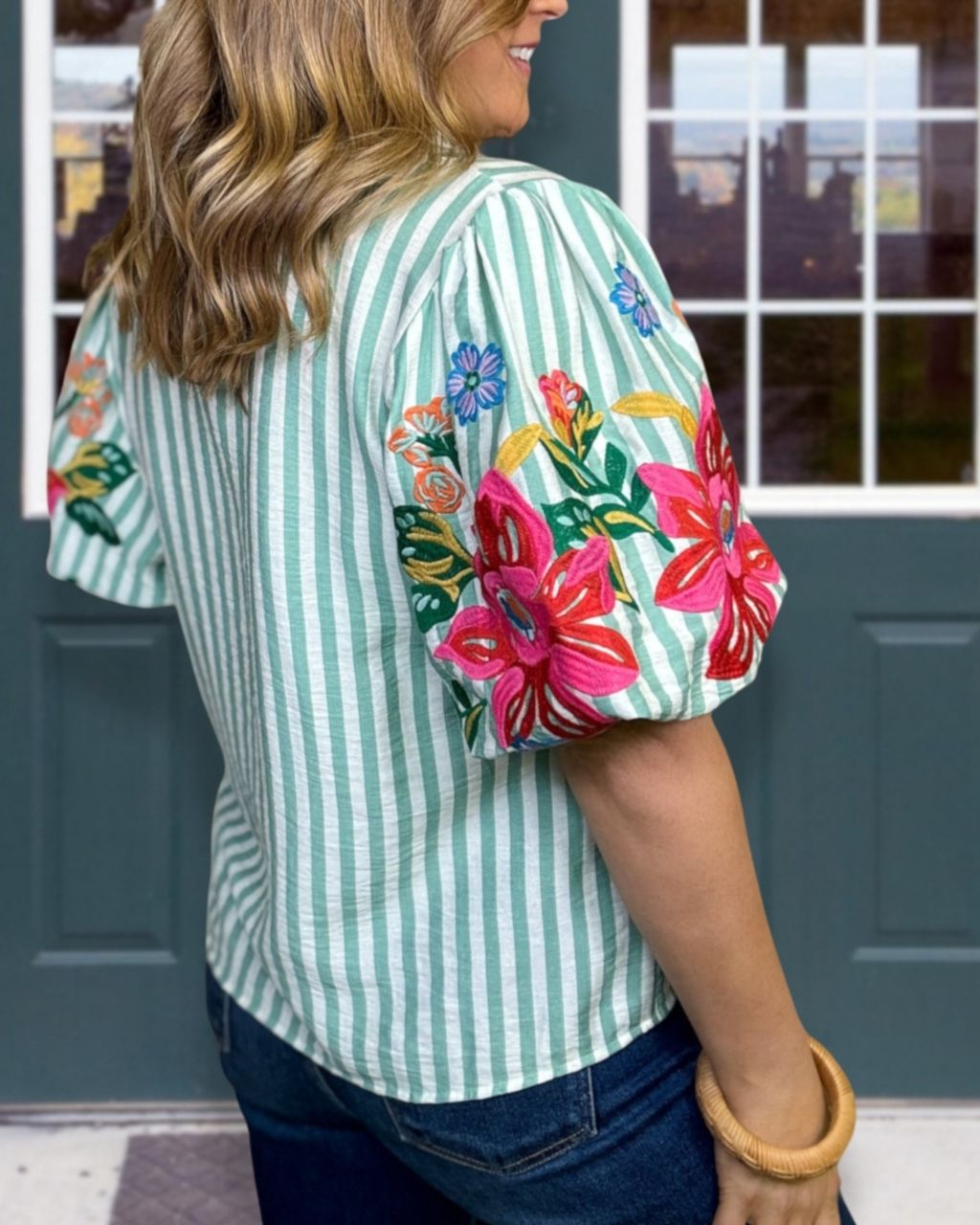 Blooming Floral Embroidered Striped Top