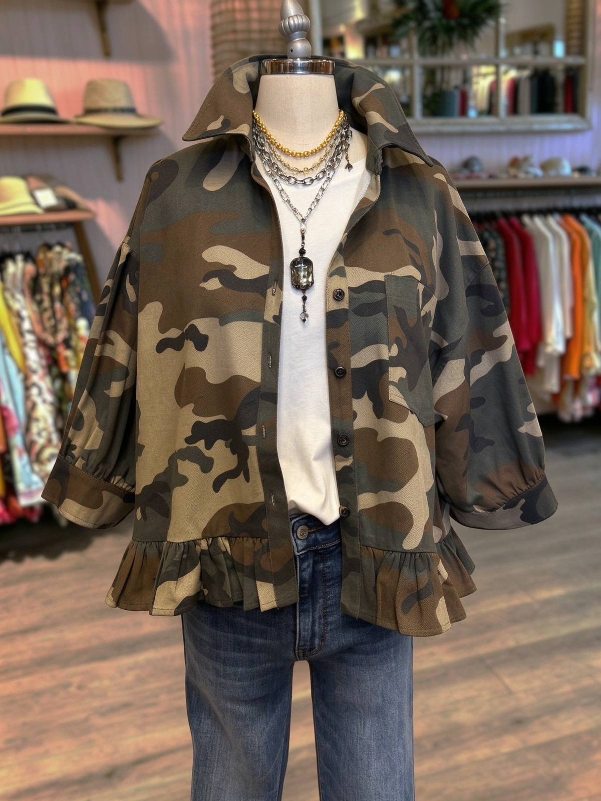 Camouflage Ruffled Hem Jacket