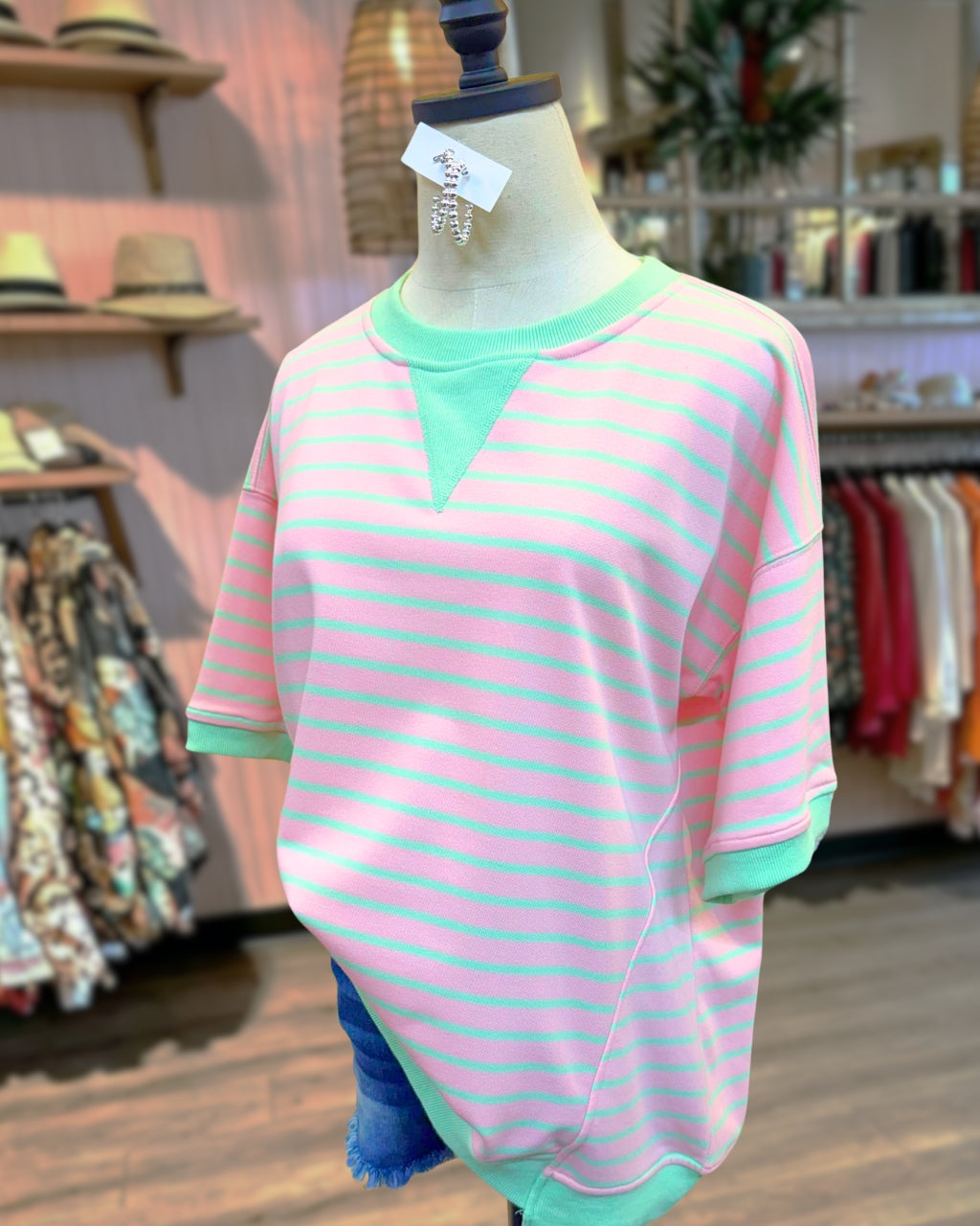 Ribbed Trim Striped Top