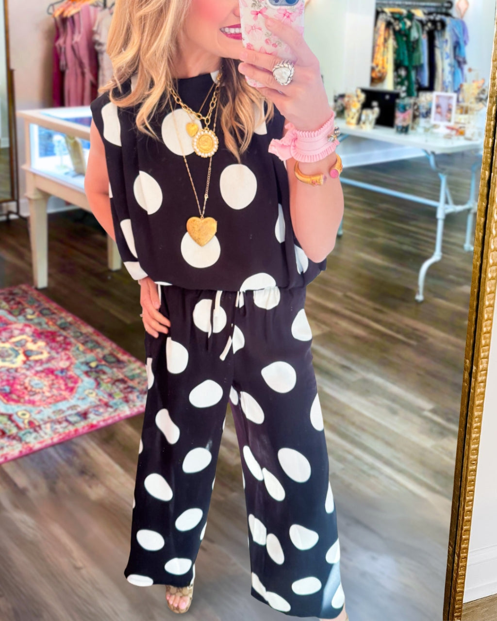 Casual Polka Dot Sleeveless Satin Set