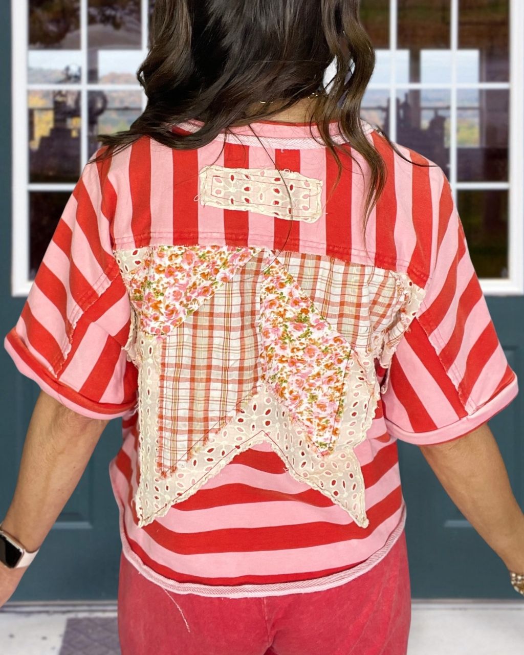 Floral Plaid Patch Striped Top