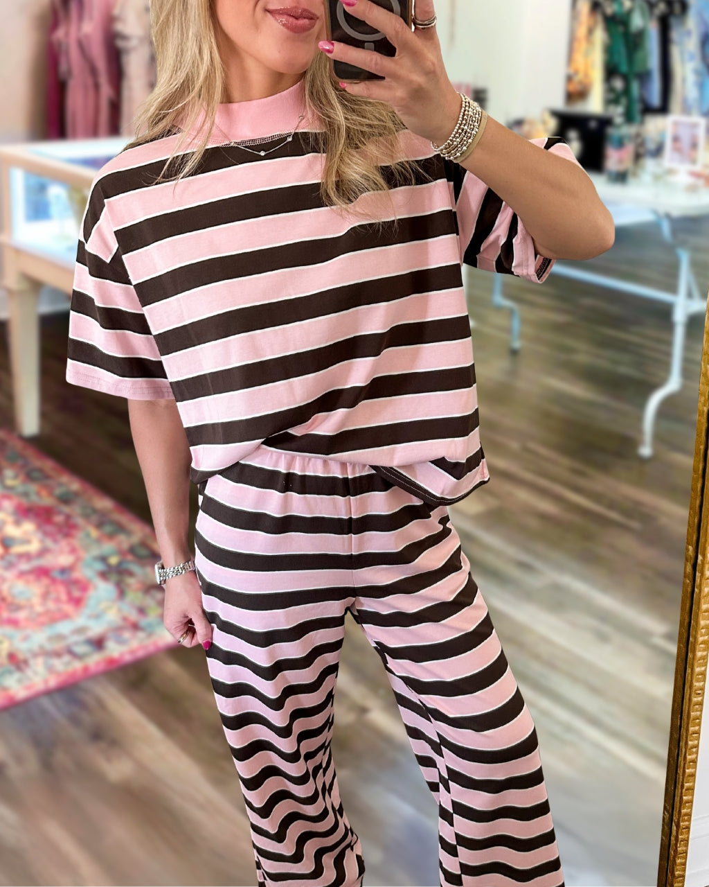 Casual Color-blocked Striped Set