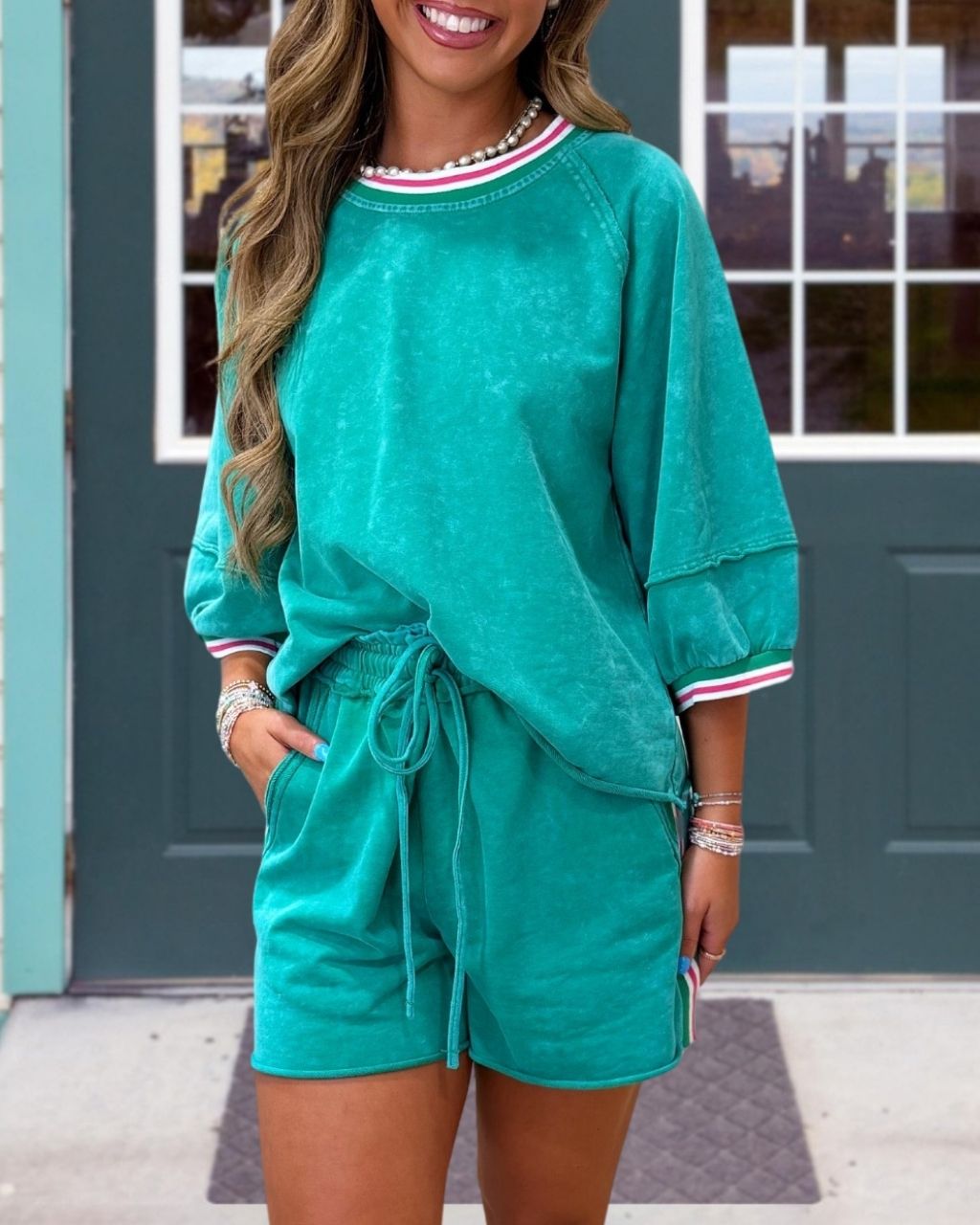 Color-blocked Striped Washed Shorts Set