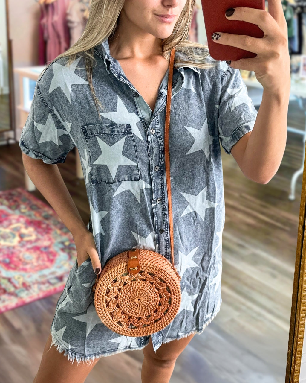Star-Patterned Denim Shirt Dress