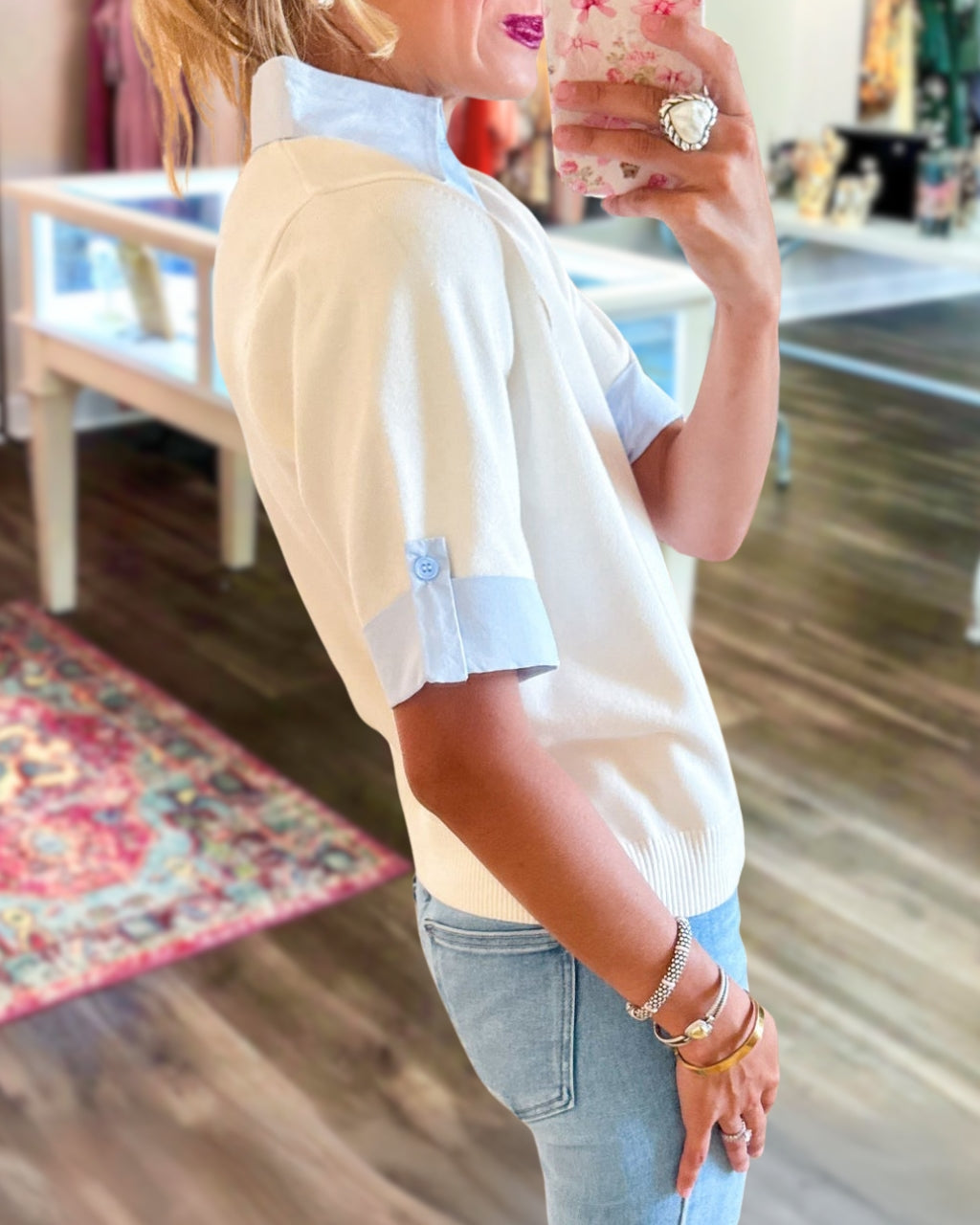 Patchwork Trim Collared Top