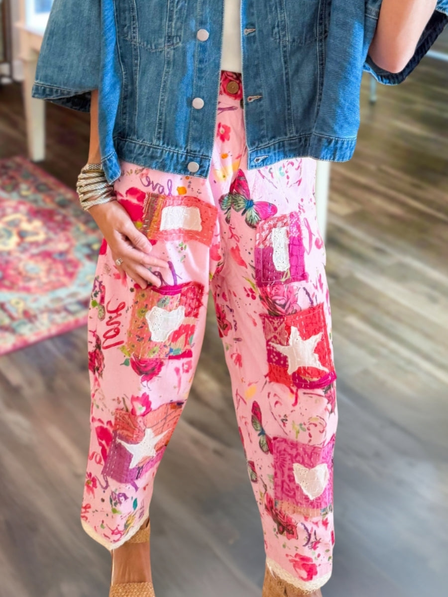 Colorful Floral Embroidered Appliqué Pants