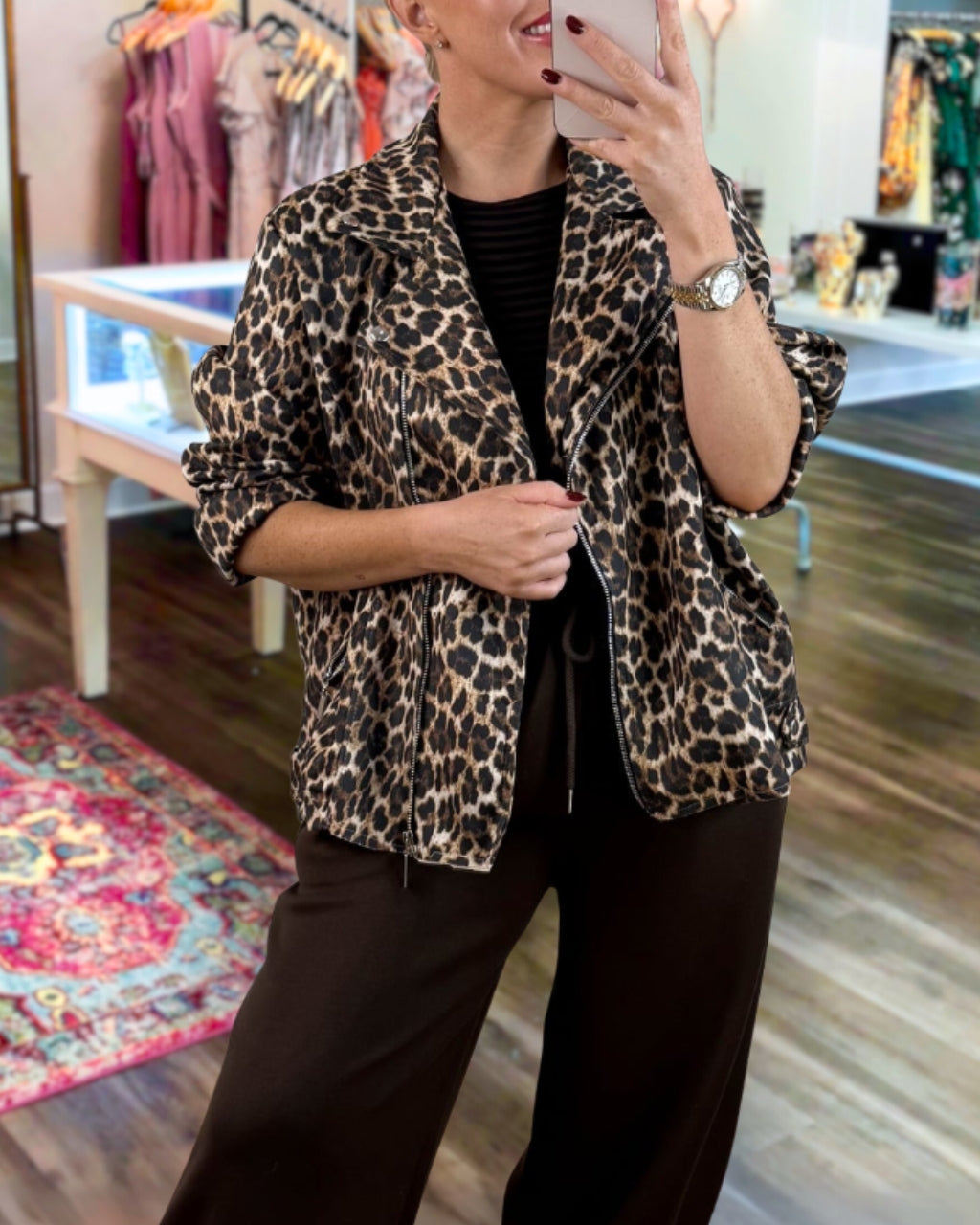 Chic Leopard Washed Biker Jacket