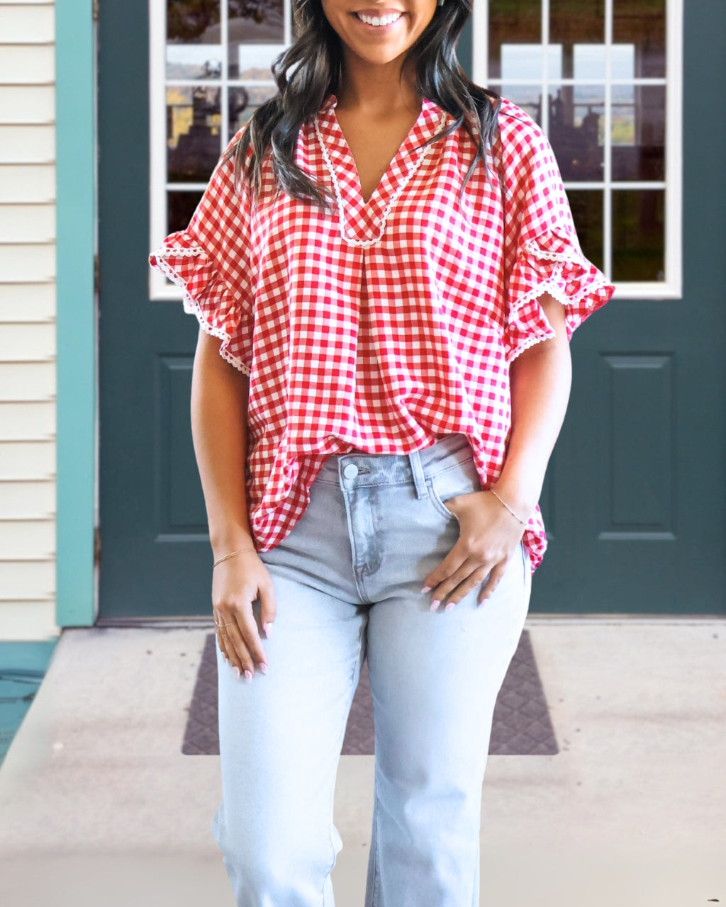 Lace-Trimmed Plaid V-neck Top