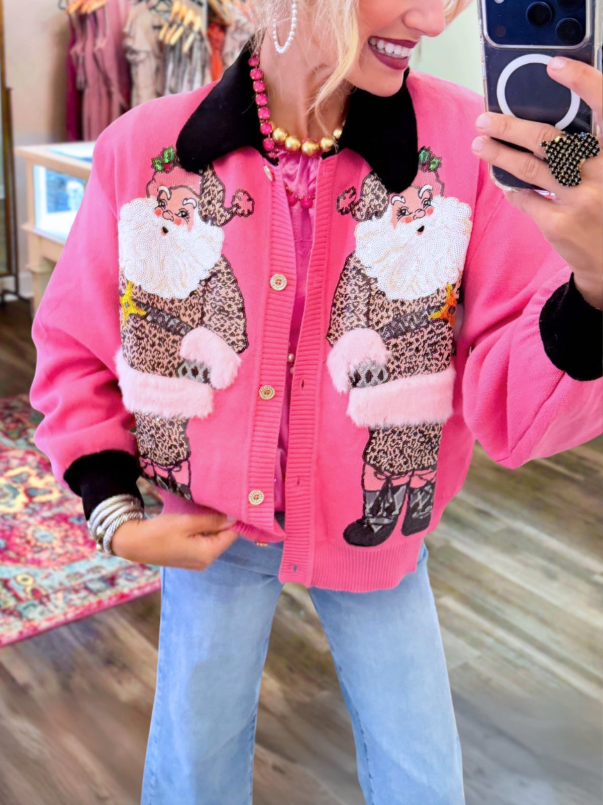 Santa Claus Leopard-Print Sequin Cardigan