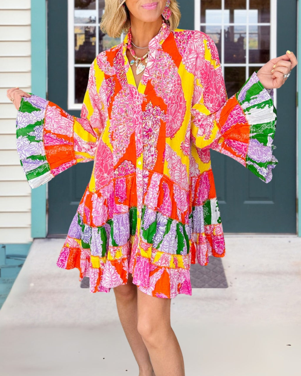 Colorful Floral Bell-Sleeve Dress