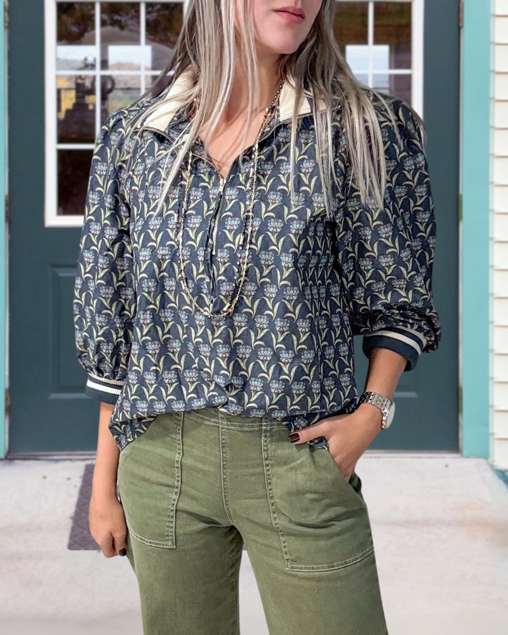 Floral-Patterned Half-Zip Top