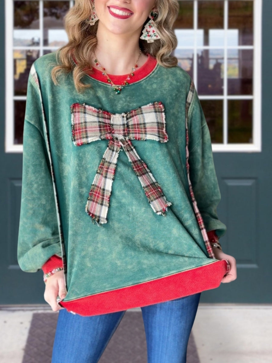 Bow-Tie Washed Distressed Patch Pullover