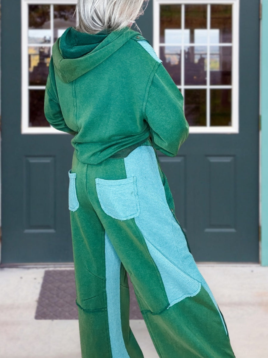 Retro Waffle Patchwork Color-Block Hooded Set