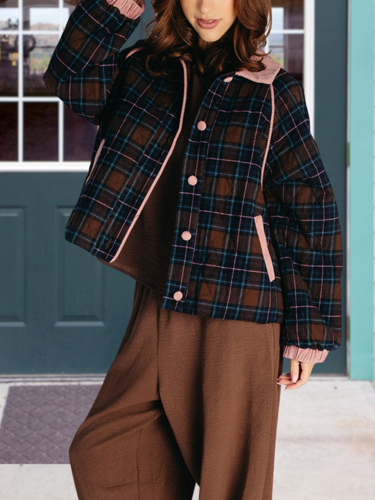 Retro Color Blocking Plaid Quilted Coat