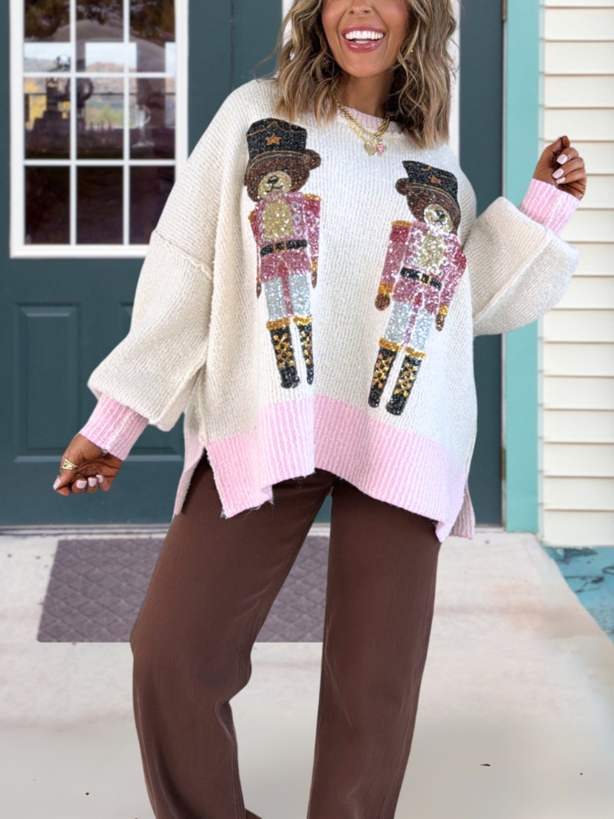 Teddy Bear Nutcracker Sequined Pullover