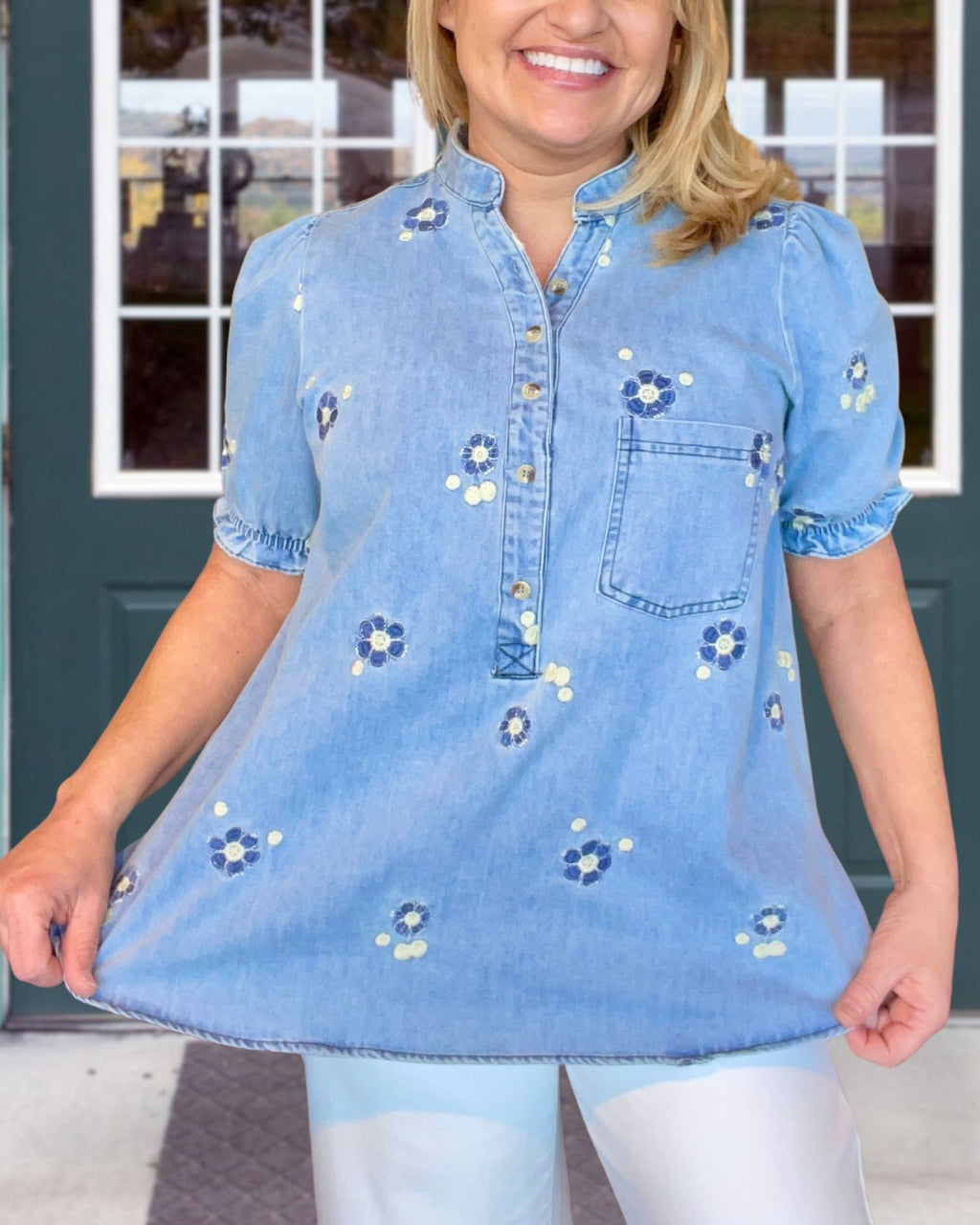 Floral Embroidery Rhinestone Denim Top