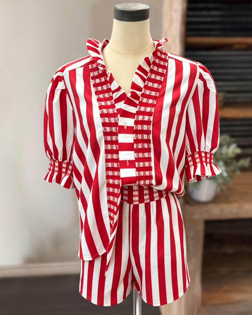 Ruffled V-neck Striped Shorts Set