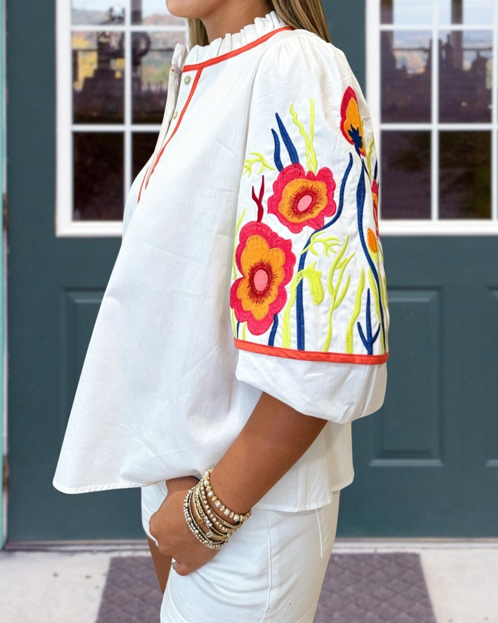Floral Embroidered Poplin Top