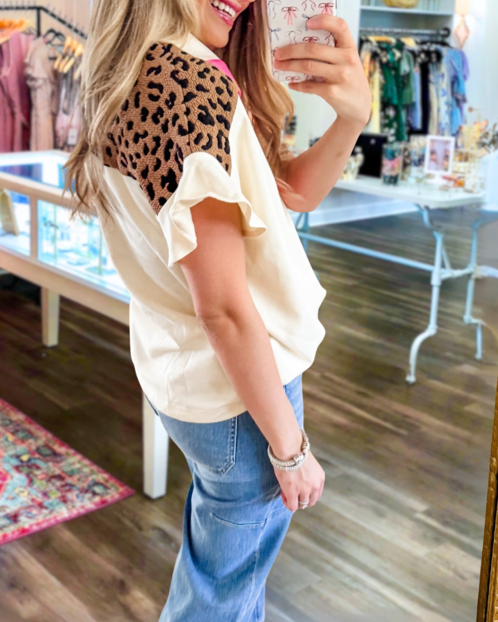 Patchwork Leopard Print Polo Top