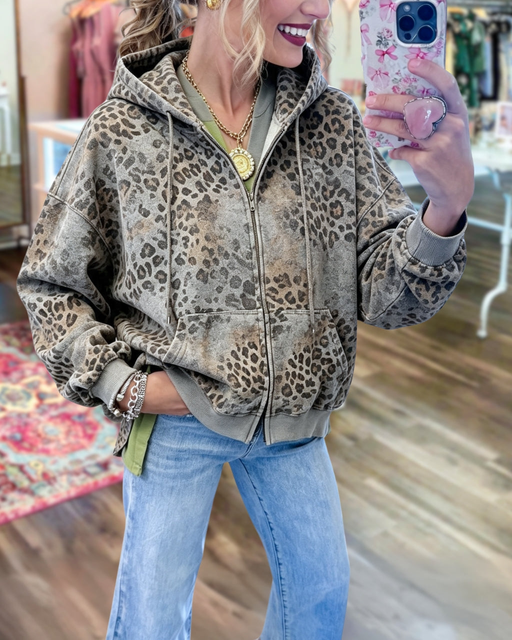 Washed Leopard Zip Hoodie