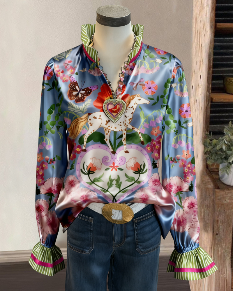 Horse Floral Satin V-neck Top