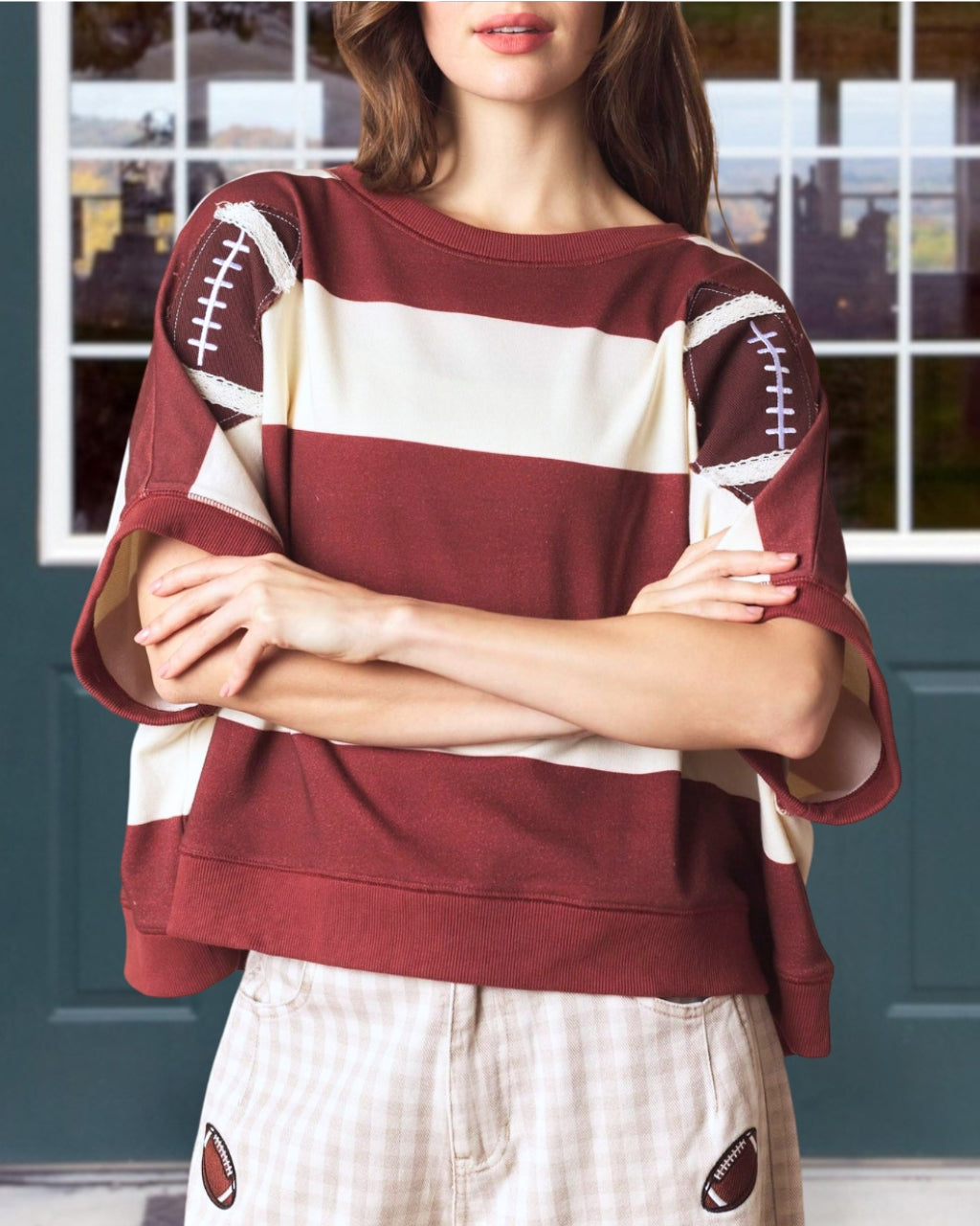 Tailgate Glow Football Patch Stripe Top