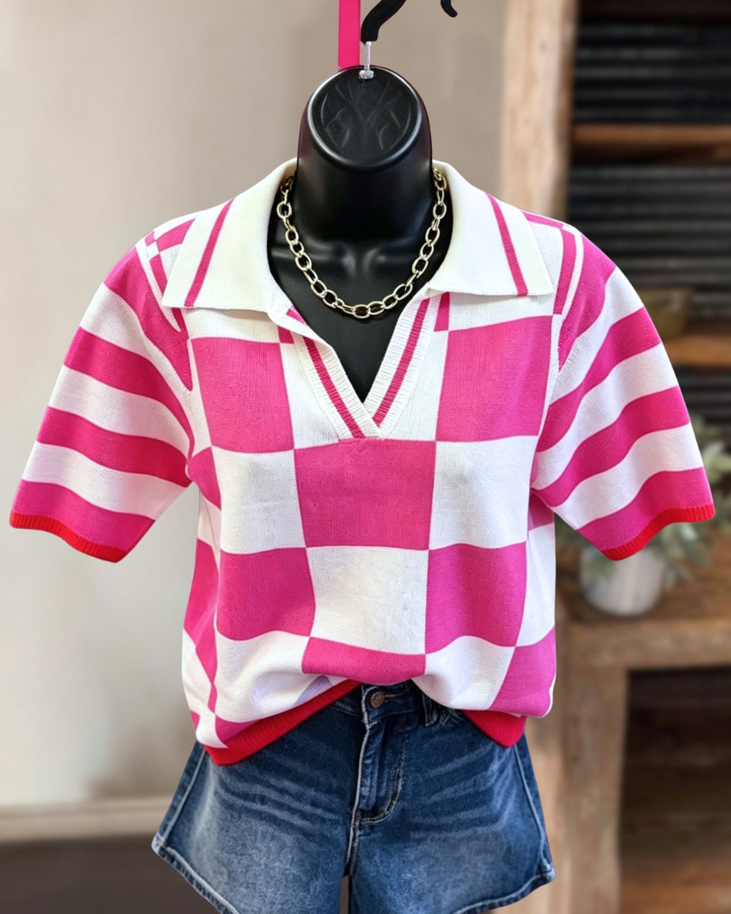 Plaid Contrast Trim Polo Top