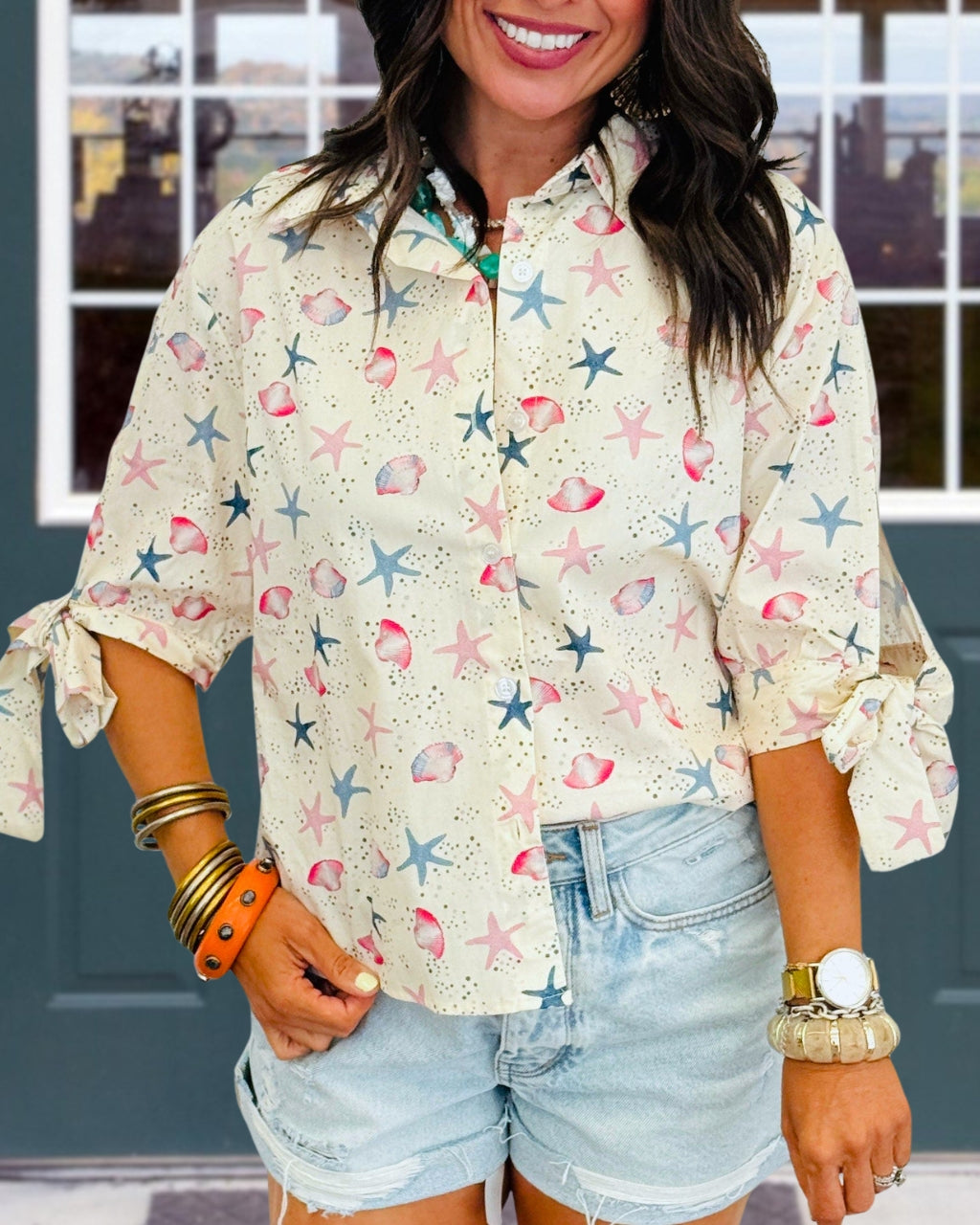 Chic Starfish Seashell Satin Shirt