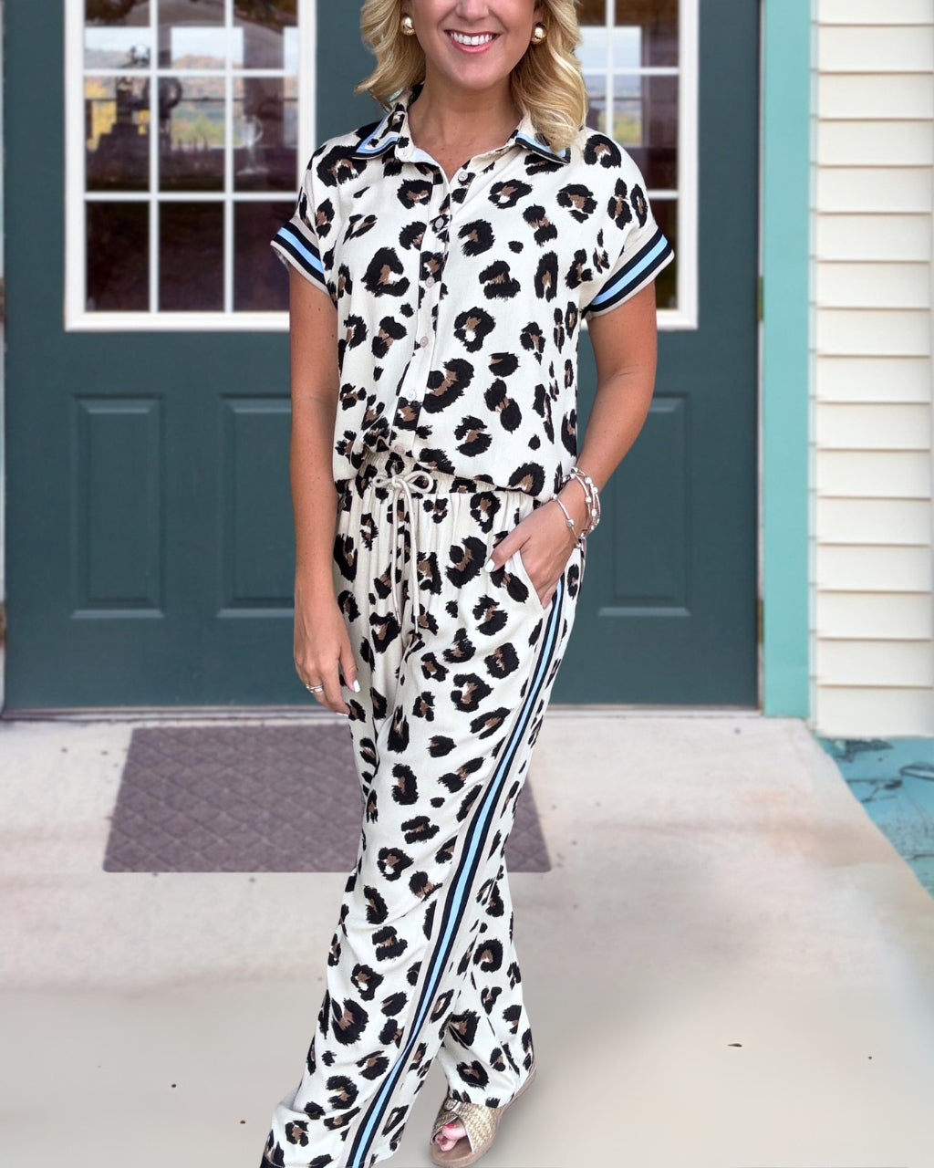 Contrasting Trim Leopard Satin Set