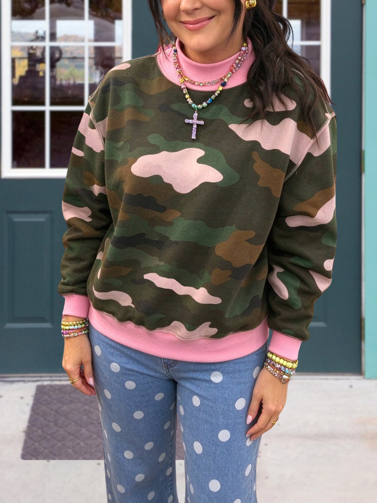 Camouflage Colorblock Turtleneck Pullover