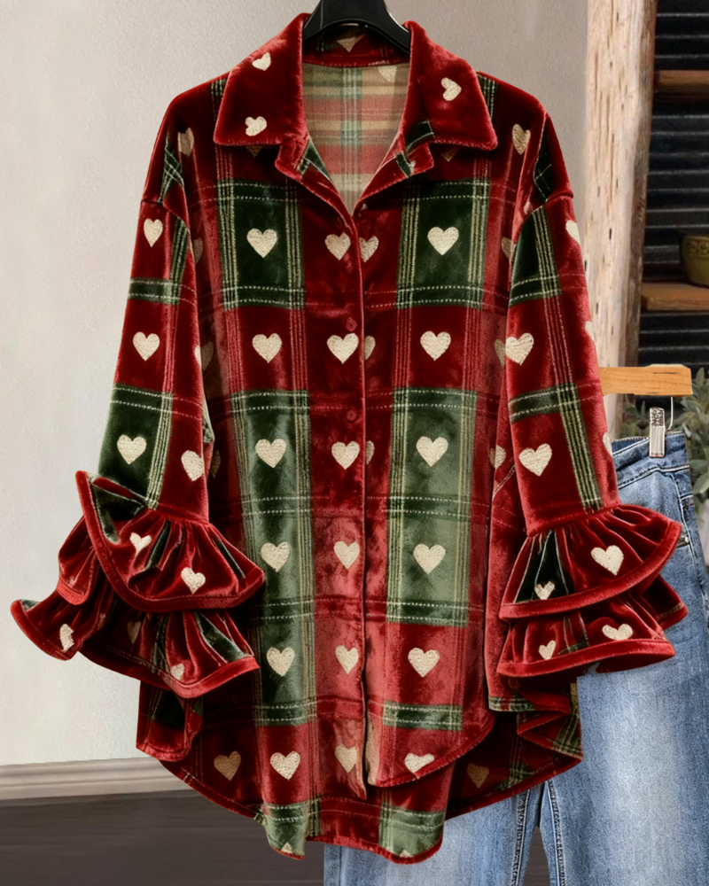 Heart Plaid Velvet Blouse