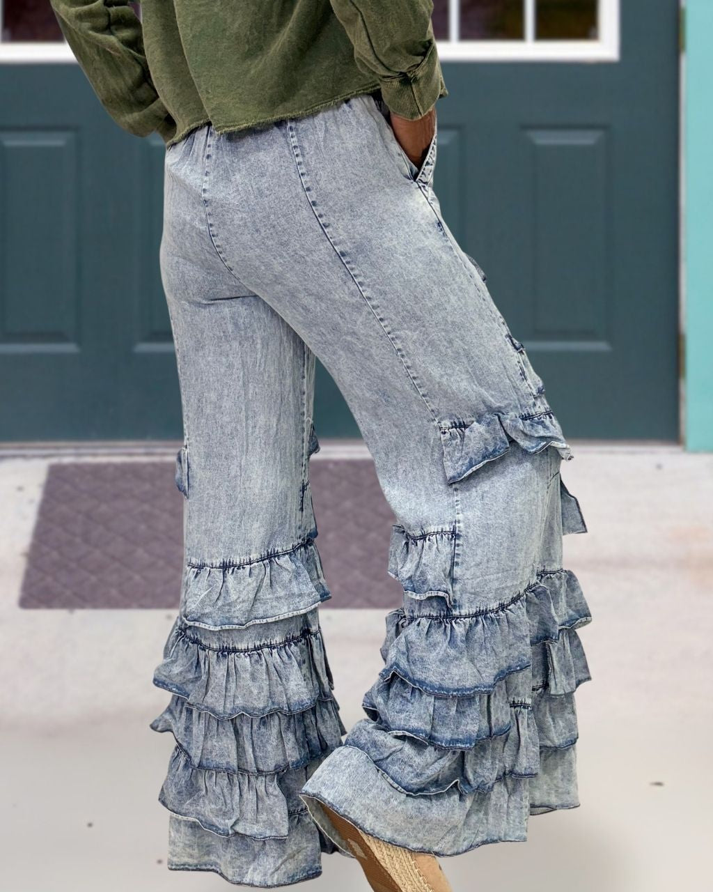 Multi Layer Ruffle Flared Jeans