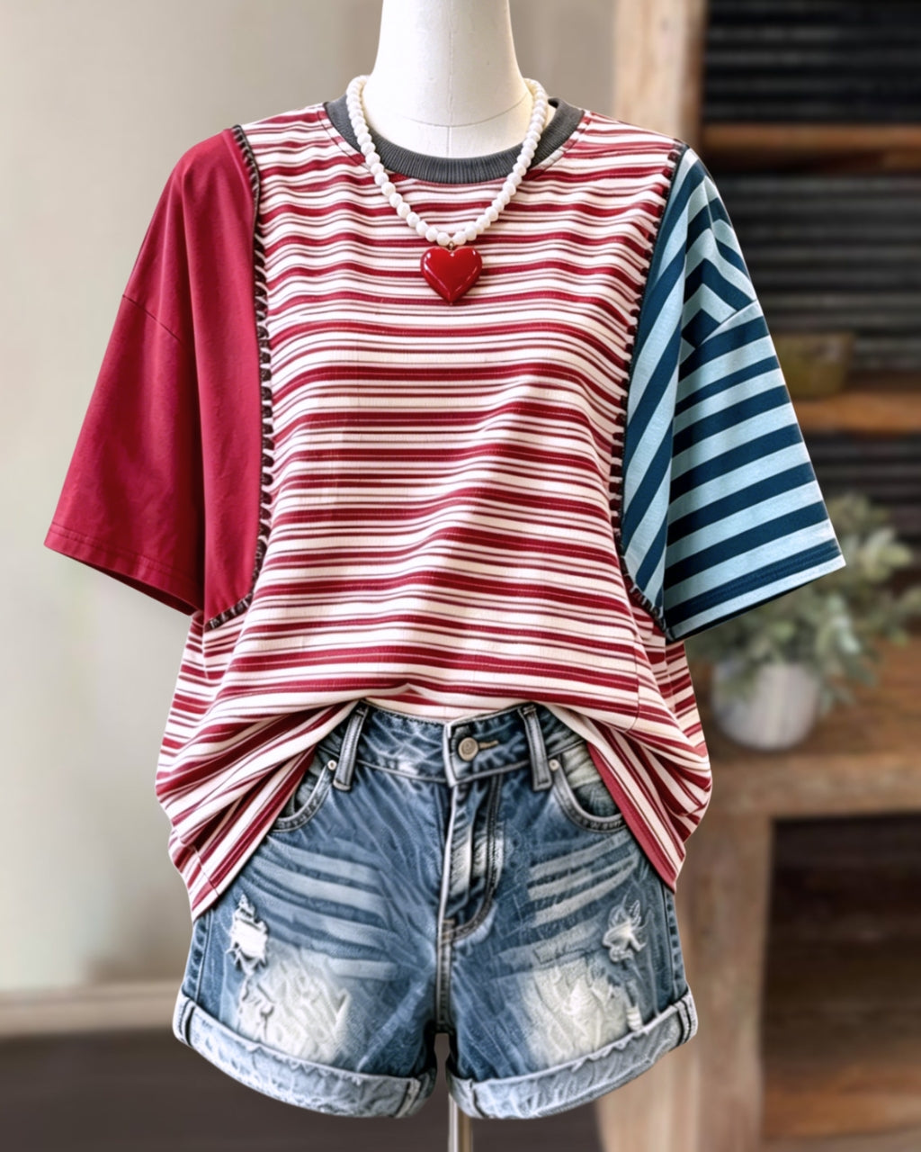 Color-blocked Striped Patchwork T-shirt