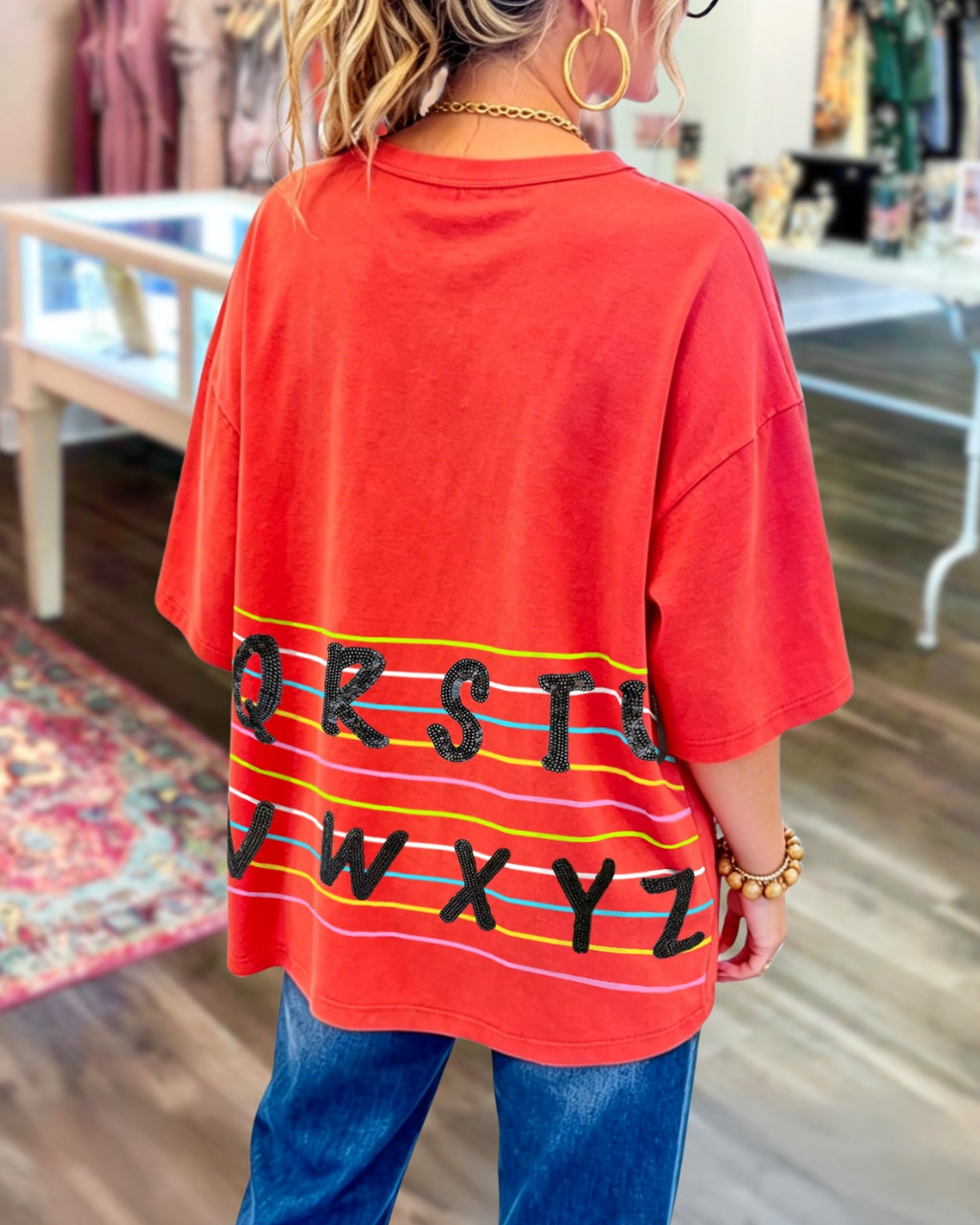 Letter Sequin Colorful Striped T-Shirt