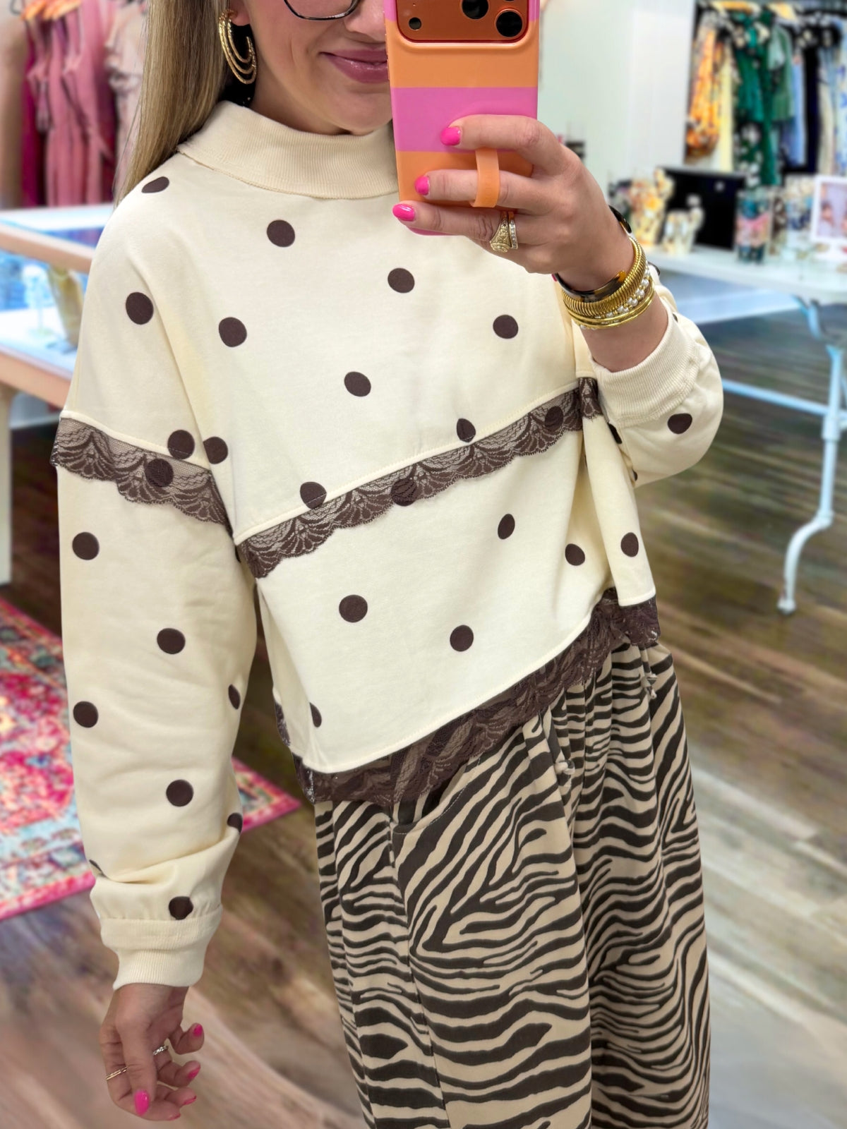 Lace Trim Polka Dot Pullover