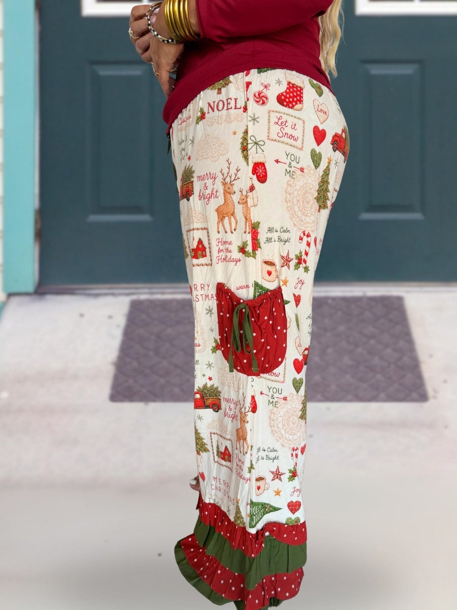 Christmas Themed Printed Ruffled Pants