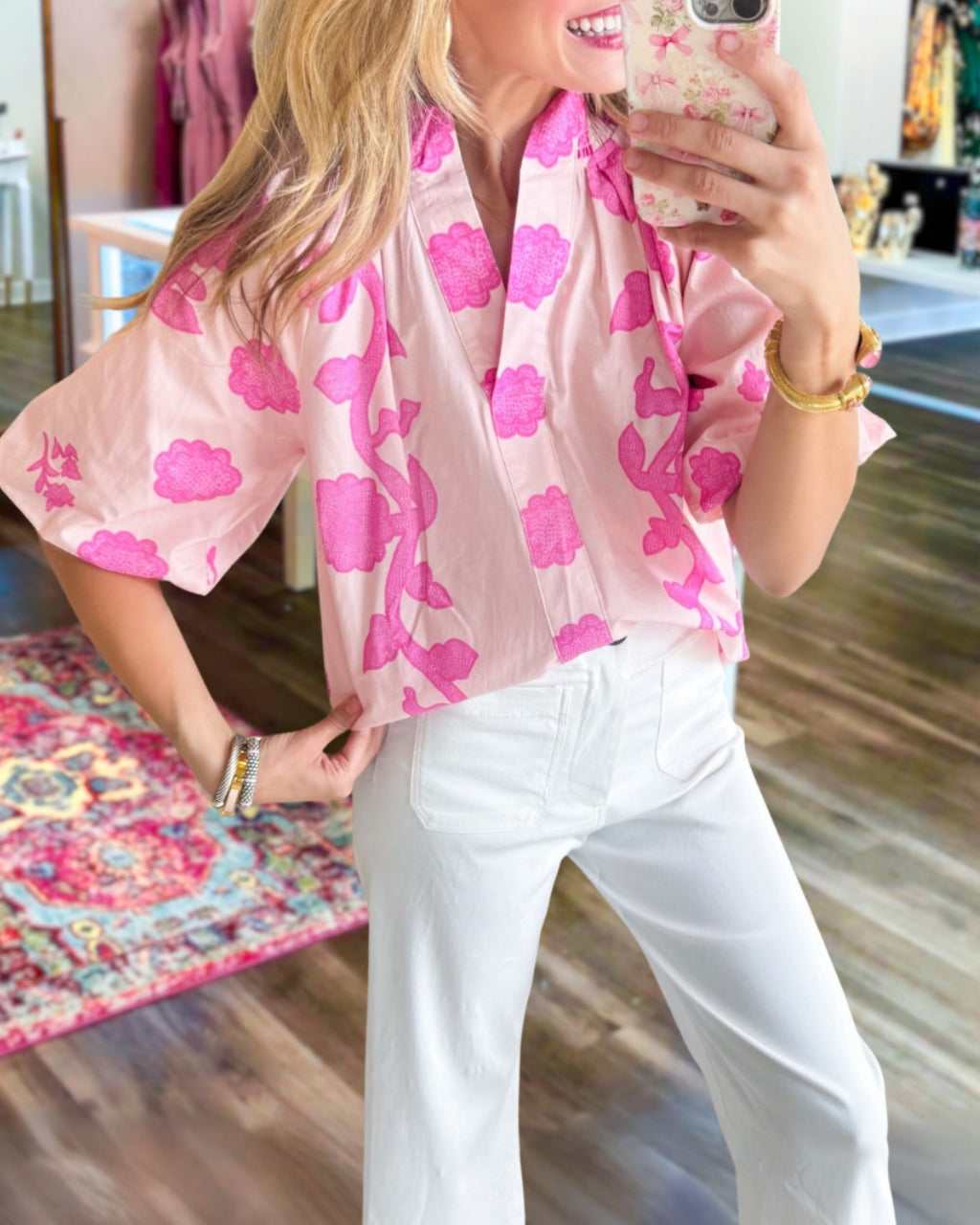 Floral Pattern V-neck Satin Top