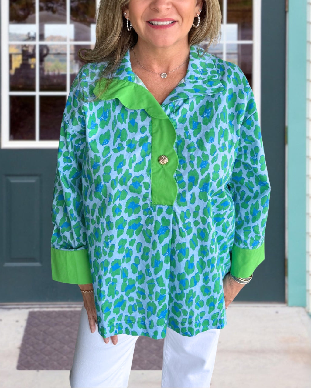 Color-blocked Leopard Half-open Collar Top